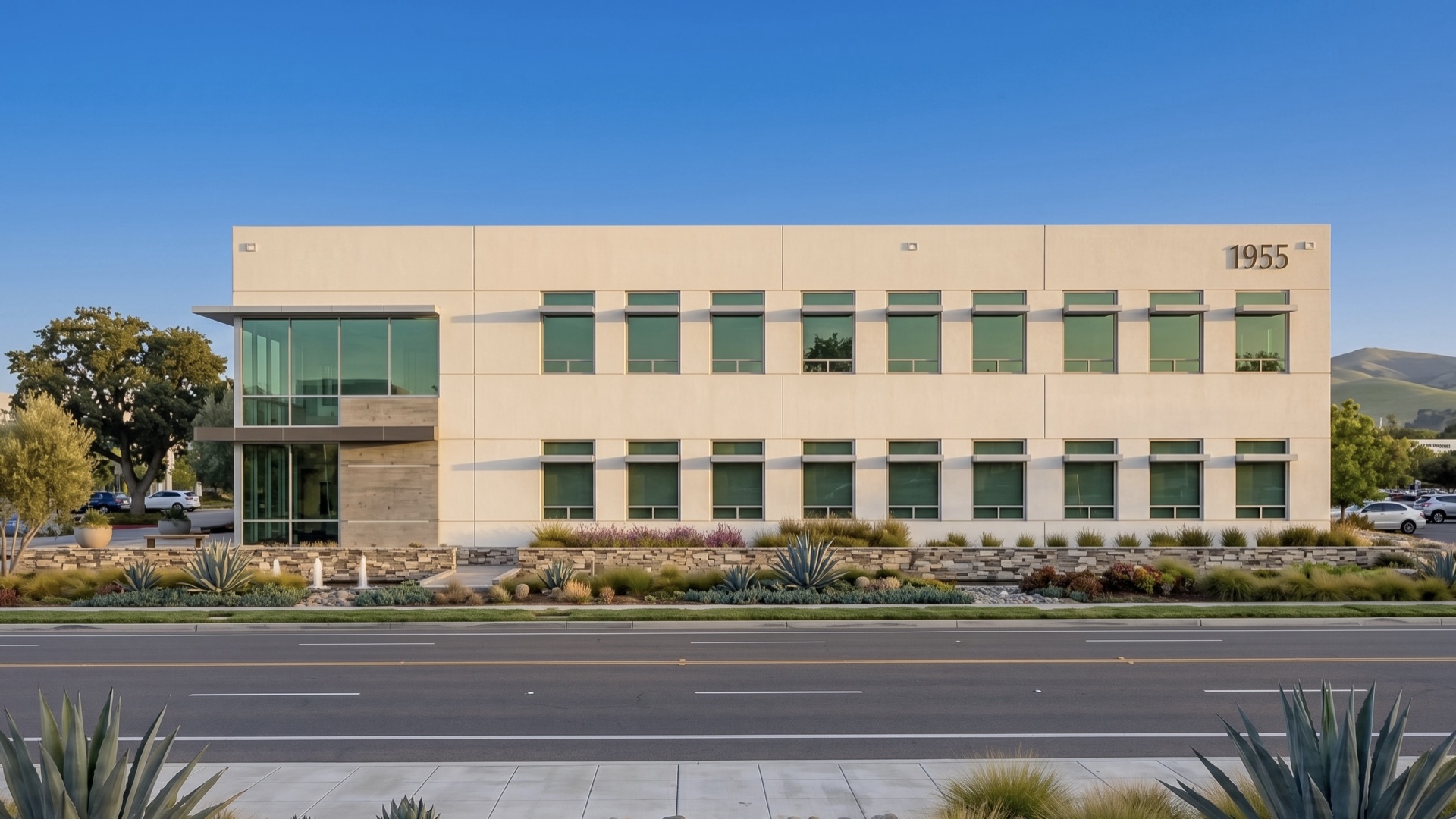 Commercial building frontage with a clean, maintained landscape presentation.