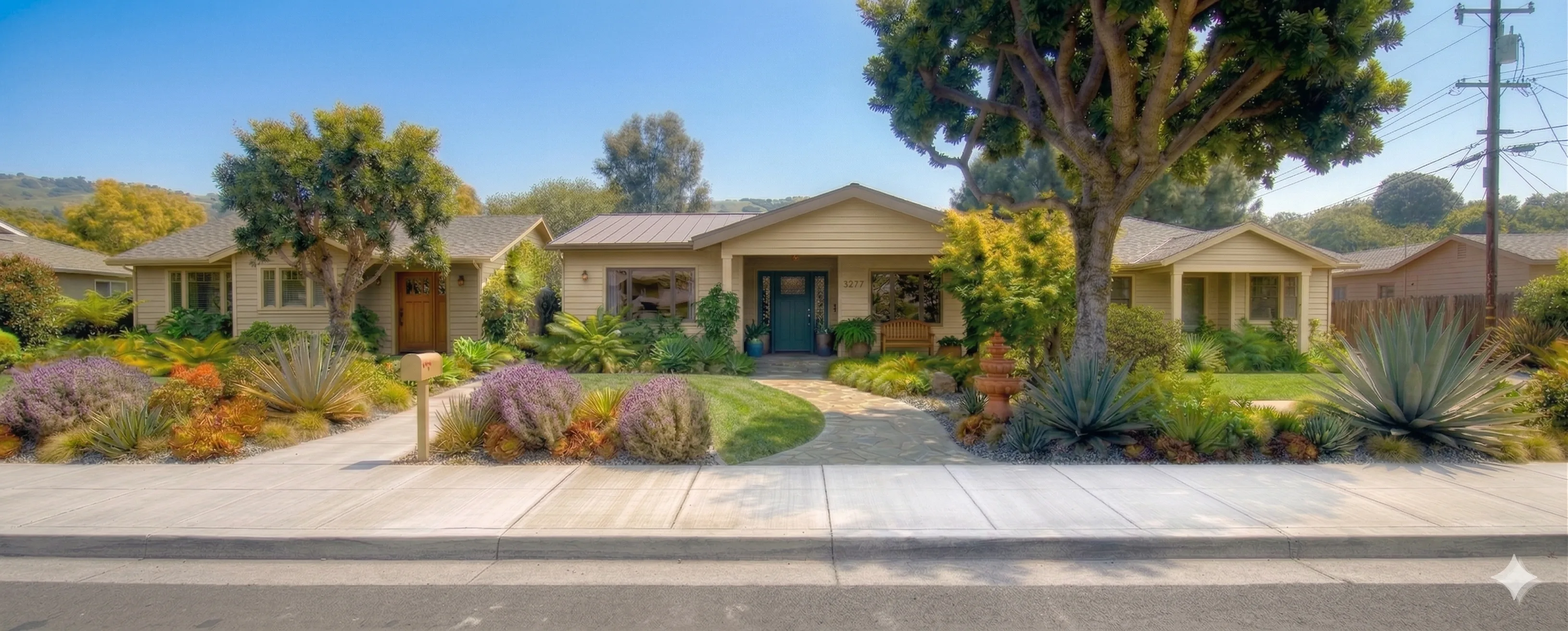 Residential home with mature landscaping, lawn, and masonry walkway.